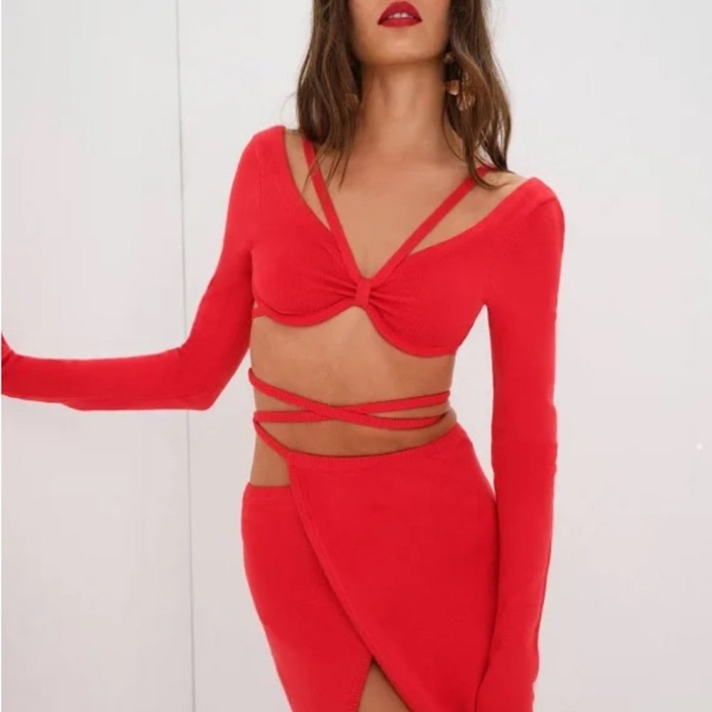 For Love And Lemons Red Crop Tie-Front Blouse edith crop sweater XL
